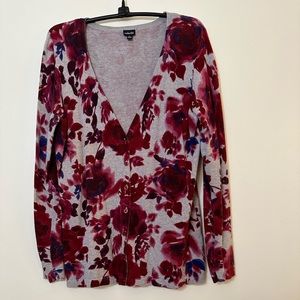 Rafaela Cotton Burgundy Gray Floral Print V-Neck Cardigan Sweater, Size L